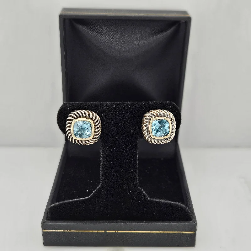 Women’s cubic zirconia stud earrings-DAVID YURMAN Sterling Silver 14K Yellow Gold Blue Topaz 7mm Albion Earrings-Estate