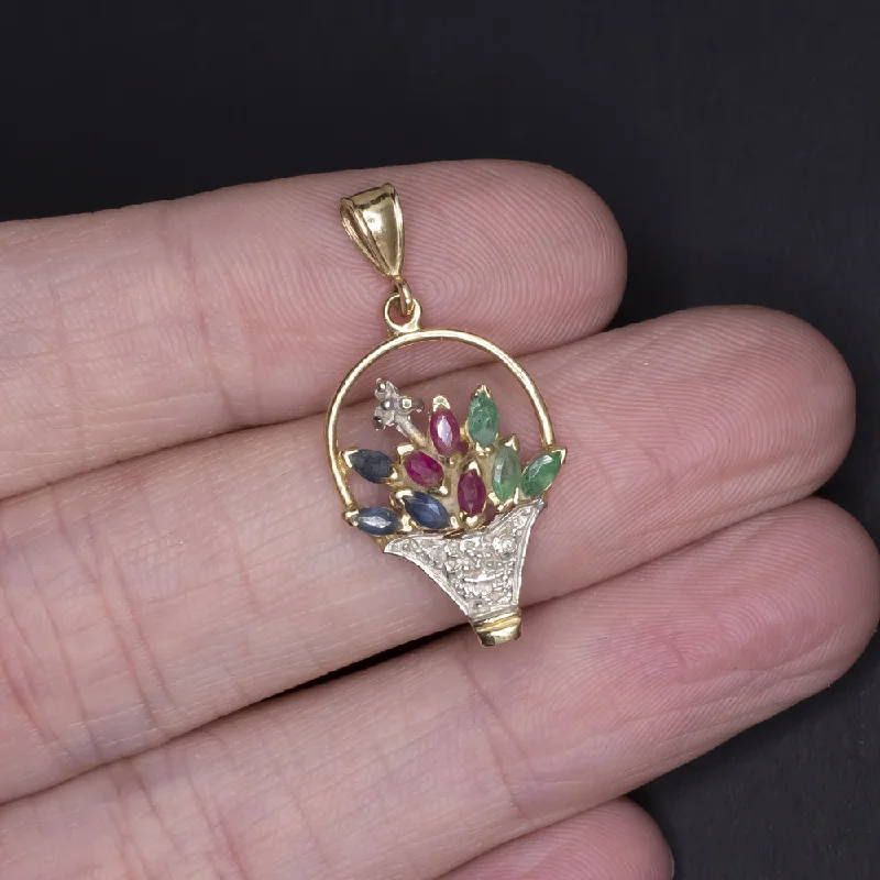 Women’s simple necklaces-VINTAGE DIAMOND GEMSTONE FLOWER BASKET PENDANT RUBY SAPPHIRE EMERALD BOUQUET