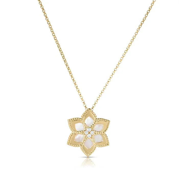 Women’s vintage necklaces-Vernazza 0.04Ct Diamond and Mother of Pearl Daisy Pendant on Chain in 18k Yellow Gold, 18in