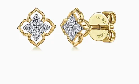 Women’s oversized earrings-14K Yellow Gold Floral Diamond Stud Earrings