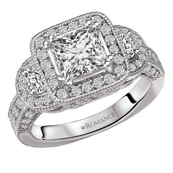 Women’s custom-designed engagement rings-14KT 1.00 CTW DIAMOND 3 STONE HALO SETTING FOR 0.75-1.00 CT PRINCESS CUT