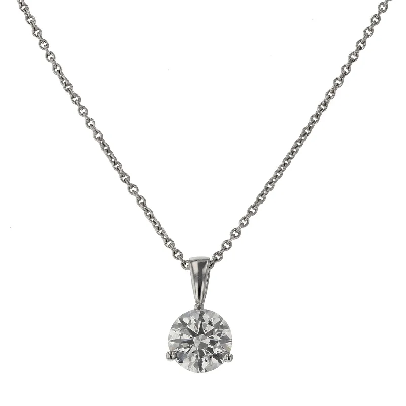 Women’s wedding necklaces-18KW 1 PREMIER ROUND BRILLIANT DIAMOND=2.00CT 3 PRONG DIAMOND PENDANT ON 18" CABLE CHAIN