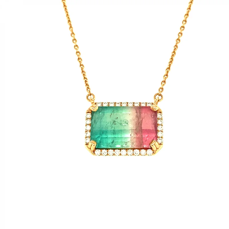 Women’s statement gemstone necklaces-Watermelon Tourmaline Pendant with Diamonds 58-JSA