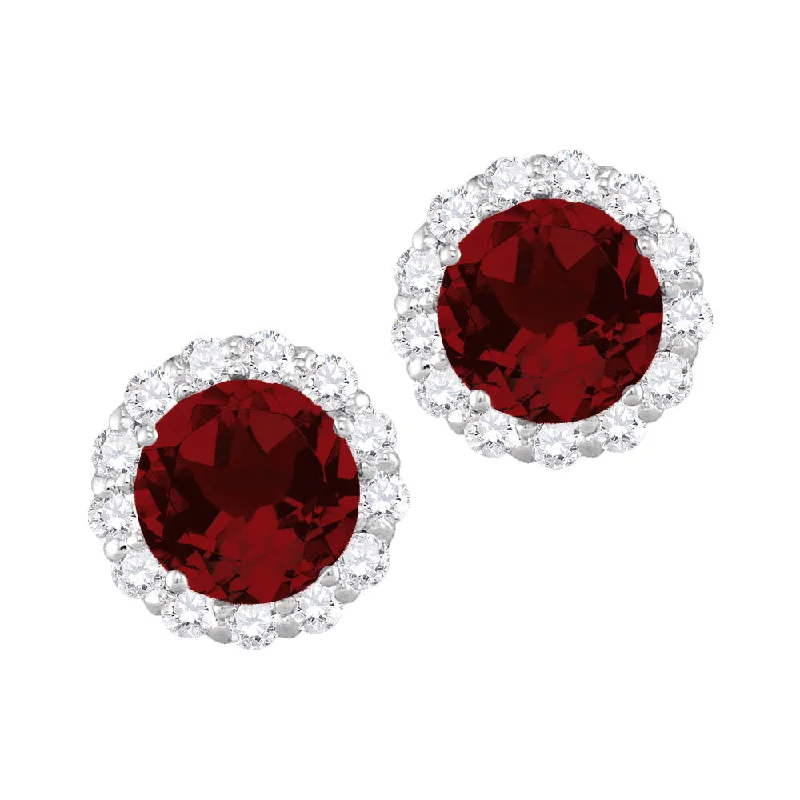 Women’s bohemian earrings-6MM Round Garnet and White Sapphire Birthstone Halo Stud Earrings in 10KT White Gold