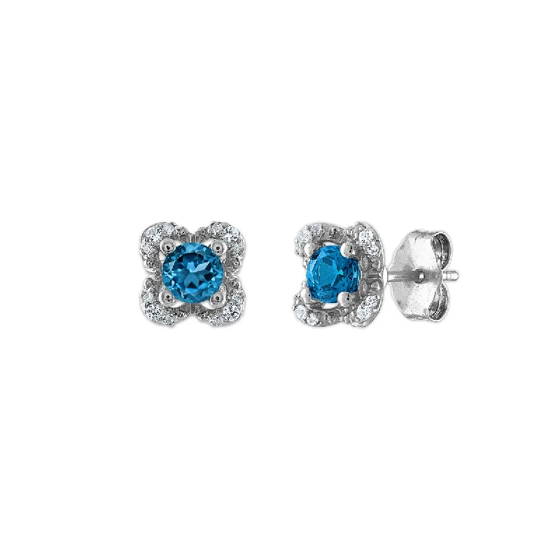 Women’s diamond hoop earrings-4MM Round Topaz and White Sapphire Birthstone Flower Halo Earrings in Sterling Silver