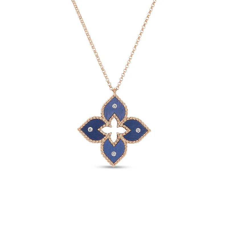 Women’s romantic necklaces-Venetian Princess 0.04Ct Diamond Flower Pendant on Chain in 18k Rose Gold and Blue Titanium, 18in