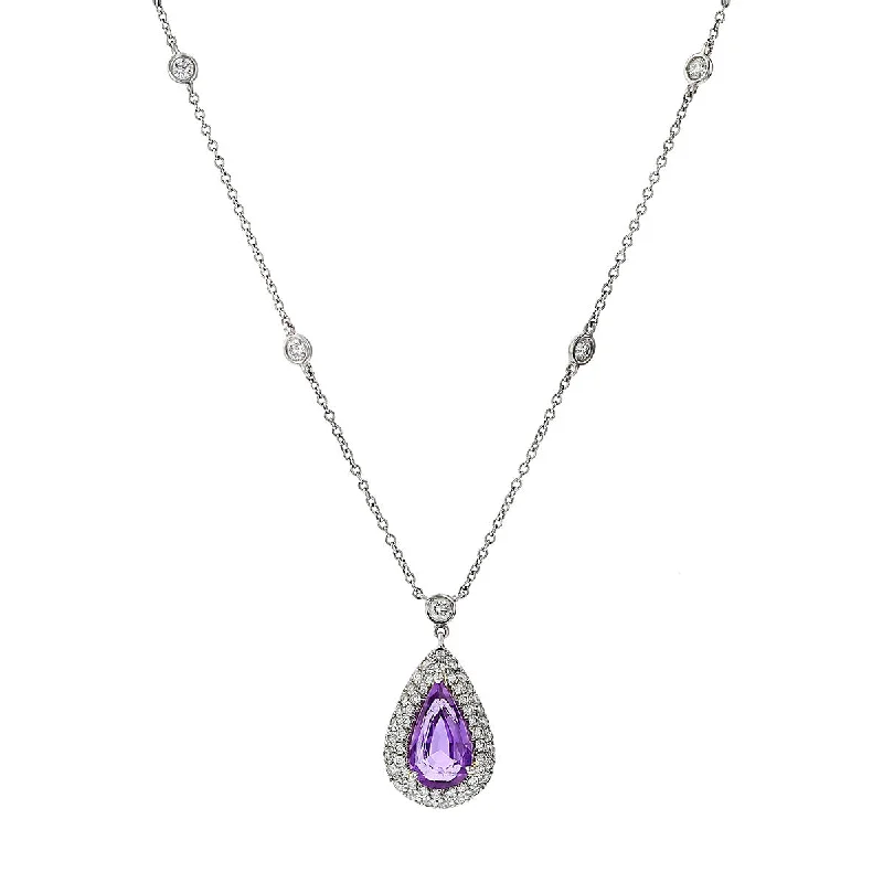 Women’s two-layered necklaces-Platinum Purple Sapphire and Diamond Halo Pendant