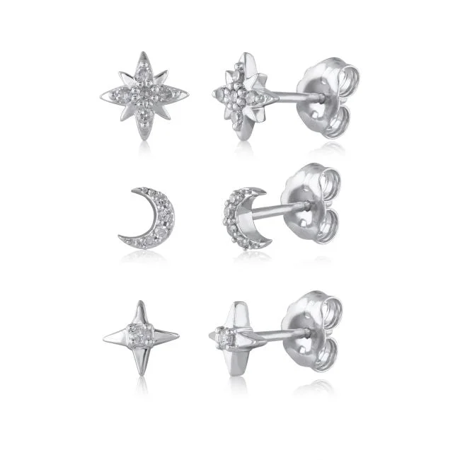 Women’s multicolored earrings-1/7 CTW Diamond 3-Pair Moon and Star Stud Earrings in Sterling Silver