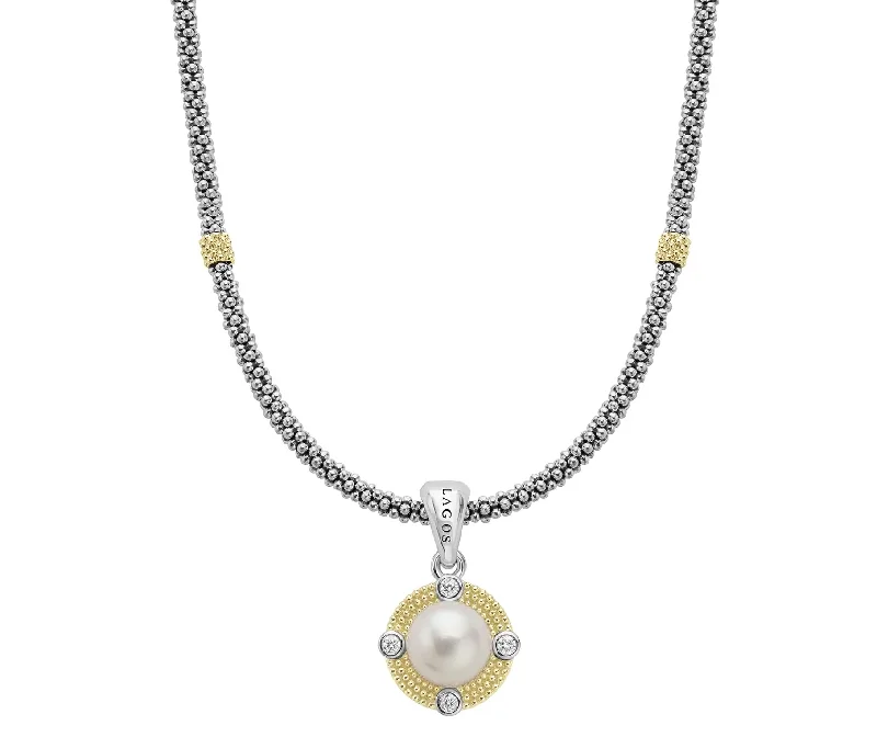 Women’s luxury necklaces-0.13ct Diamond and 9mm Pearl Luna Pendant in Sterling Silver and 18K Yellow Gold on 18" Chain