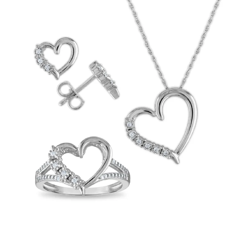 Women’s flower-shaped earrings-1/6 CTW Diamond Heart Box Set Ring Earrings 18-inch Pendant in Sterling Silver