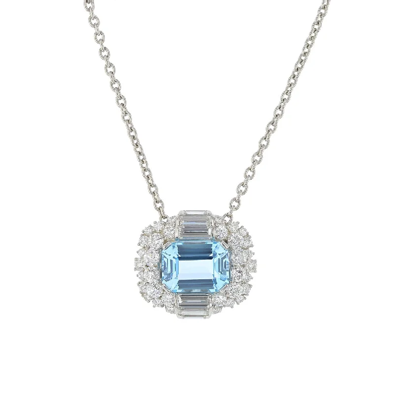 Women’s silver collar necklaces-Platinum Sku Blue Topaz and Diamond Halo Pendant