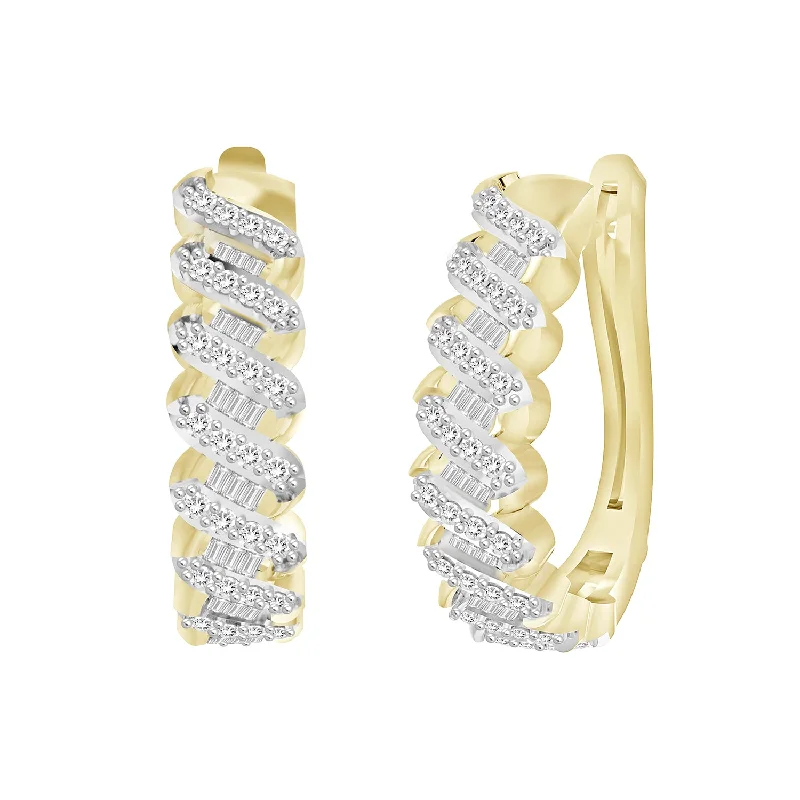 Women’s oval stud earrings-LADIES HOOPS EARRINGS 0.50CT ROUND/BAGUETTE DIAMOND 14K YELLOW GOLD