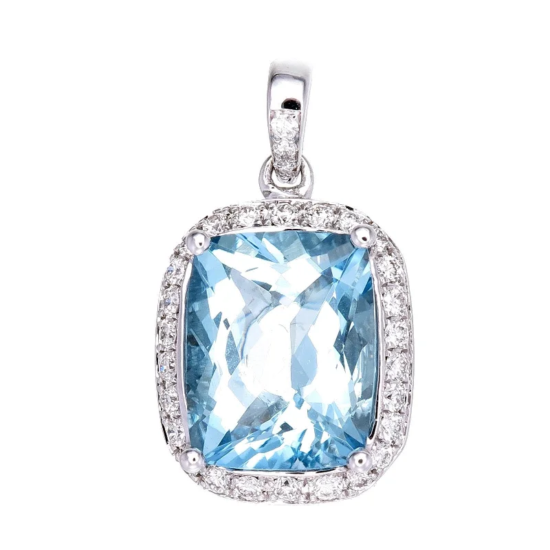 Women’s statement piece necklaces-White Gold Aquamarine Diamond Halo Pendant