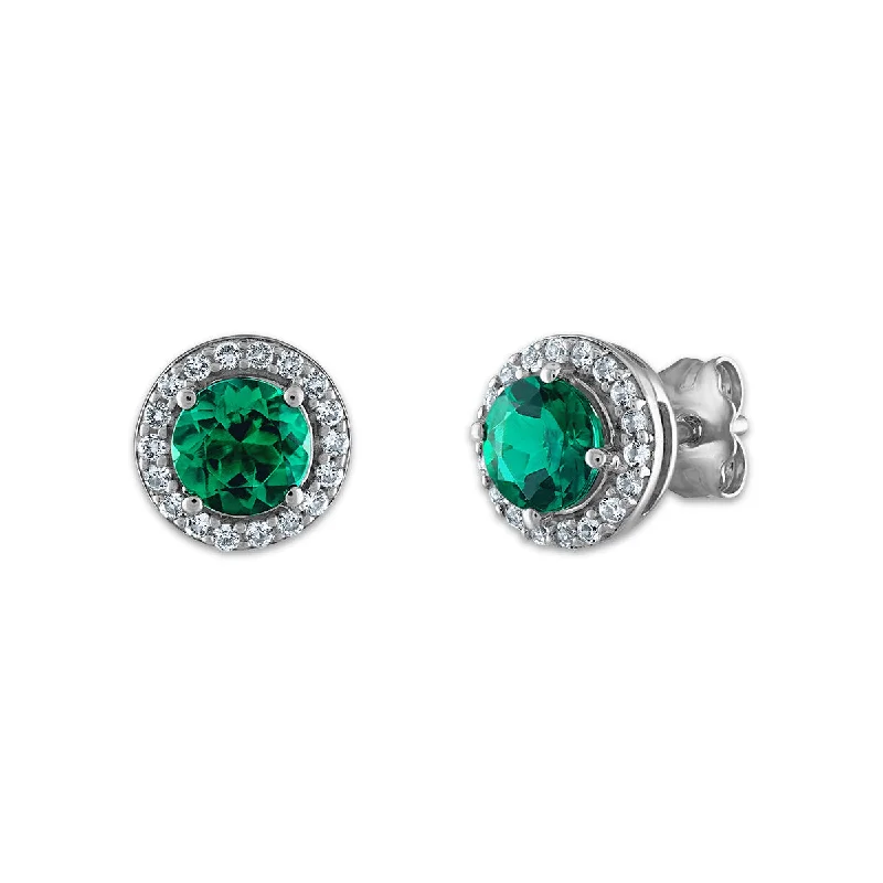 Women’s boho earrings-5MM Round Emerald and White Sapphire Halo Stud Earrings in Rhodium Plated Sterling Silver