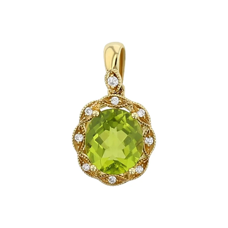 Women’s spiritual necklaces-Peridot 14kt Yellow Gold Pendant with Diamonds