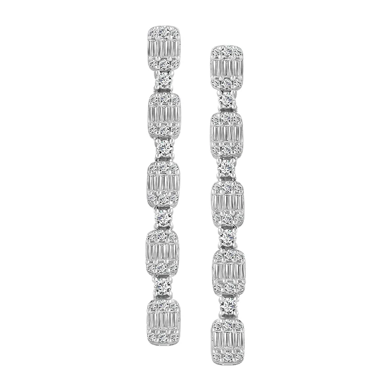 Women’s gemstone stud earrings-LADIES LINEAR EARRINGS 1.00CT ROUND/BAGUETTE DIAMOND 14K WHITE GOLD