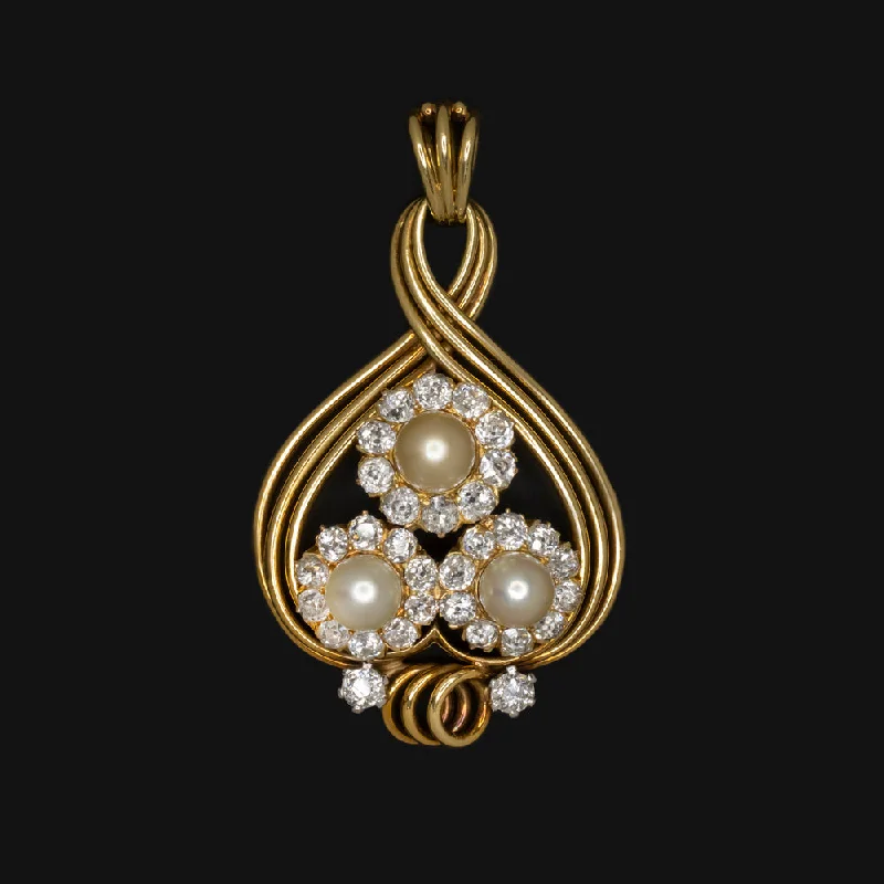 Women’s gold-plated necklaces-VINTAGE 3.55ct OLD EUROPEAN CUT DIAMOND PEARL PENDANT 18k YELLOW GOLD HEART HALO