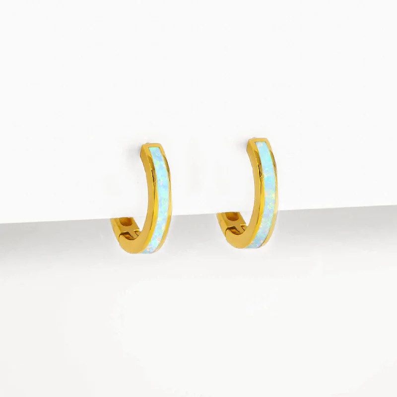 Women’s silver hoop earrings-Opal Inlay Huggie Hoop Earrings