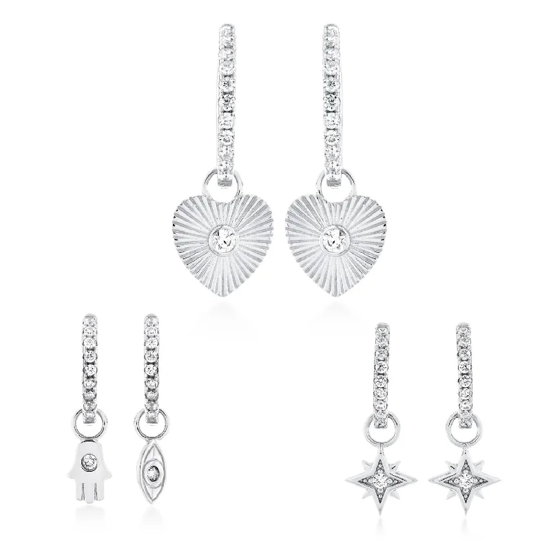 Women’s multicolored earrings-Sterling Silver 3-Pair Heart Star Hamsa Earrings