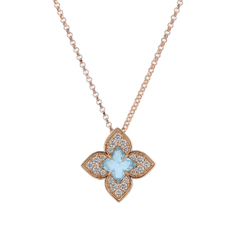 Women’s gemstone necklaces-Venetian Princess 0.17Ct Diamond and 0.75Ct Blue Topaz Flower Pendant on Chain in 18k Rose Gold, 18in