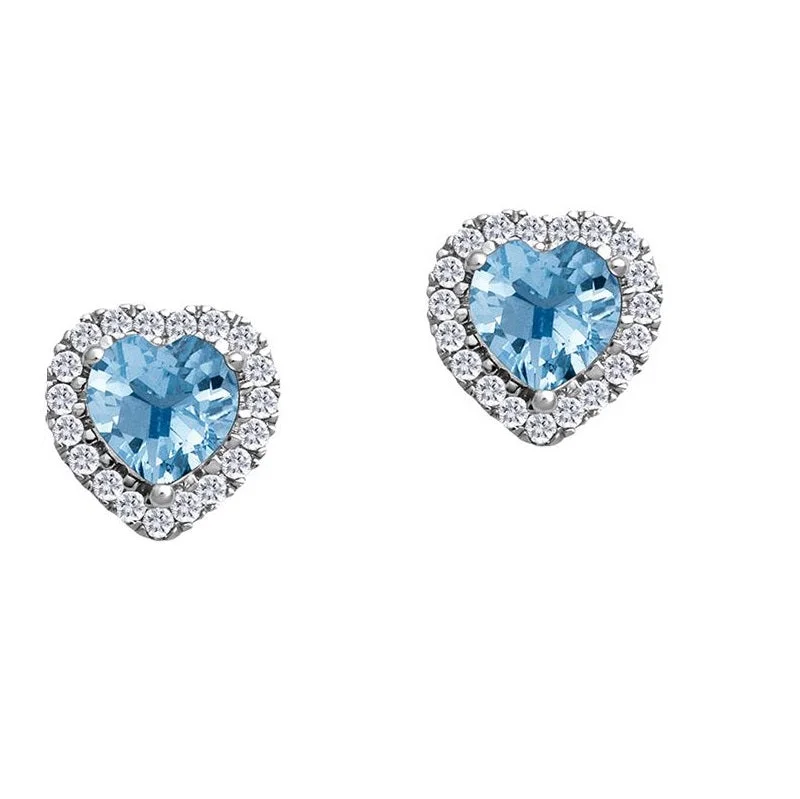 Women’s sterling silver earrings-5MM Heart Shape Blue Topaz and White Sapphire Birthstone Halo Stud Earrings in 10KT White Gold