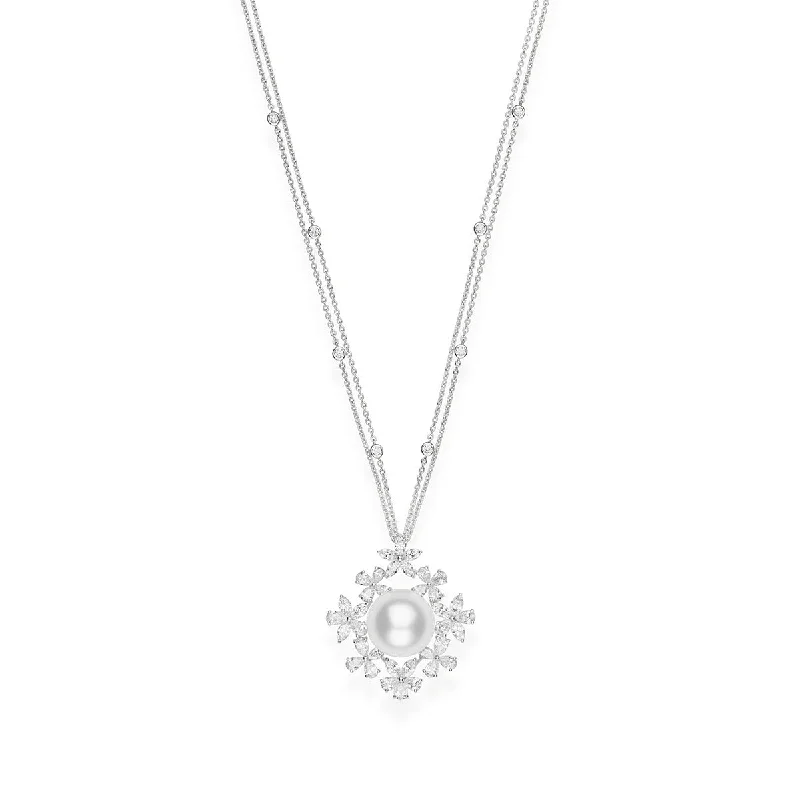 Women’s crystal necklaces-White South Sea Cultured Pearl Pendant with Diamonds