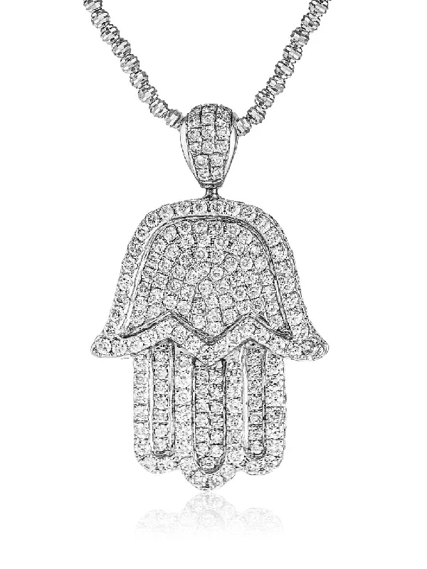 Women’s chain necklaces-10k White Gold 5.5ct Diamond Hamsa Pendant