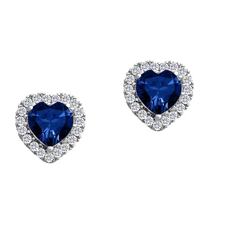 Women’s drop earrings-5MM Heart Shape Blue Sapphire and White Sapphire Birthstone Halo Stud Earrings in 10KT White Gold