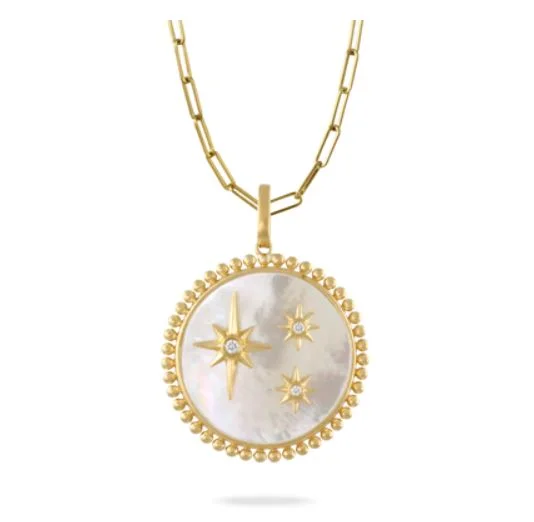 Women’s silver necklaces-Celestia 0.02Ct Diamond and Mother of Pearl Stars Pendant only in 18k Yellow Gold