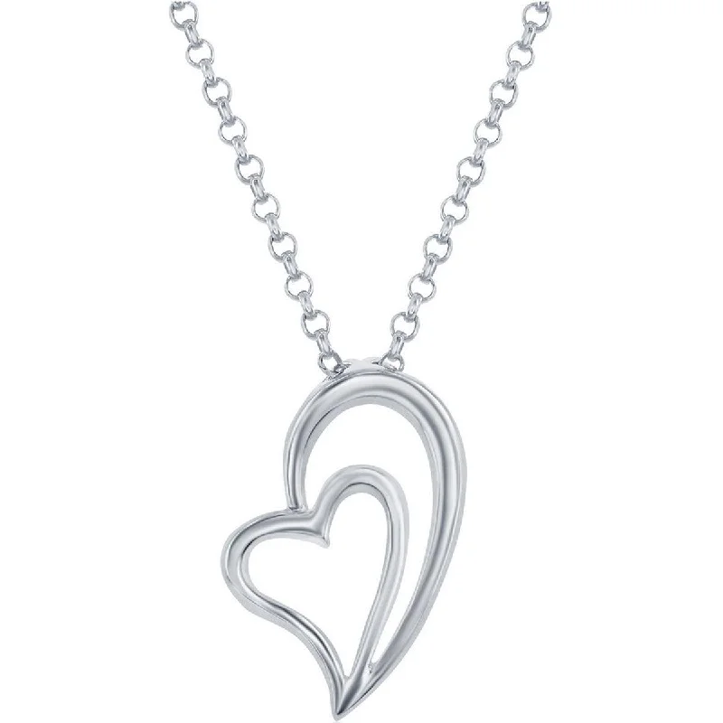 Women’s bohemian necklaces-Classic Women's Pendant with Chain - Silver Heart Within Half a Heart Shape | J-2194