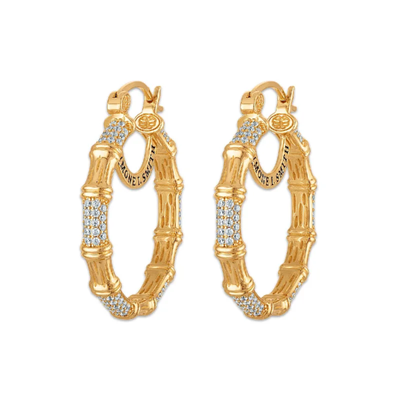 Women’s diamond hoop earrings-Simone I Smith 40MM Crystal Bamboo Hoop in 18K Gold Plated Sterling Silver