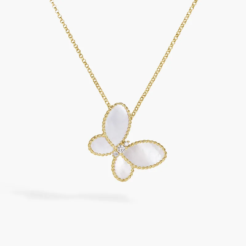 Women’s antique necklaces-0.07Ct Diamond and Mother of Pearl Butterfly Pendant on Chain in 18k Yellow Gold, 18in