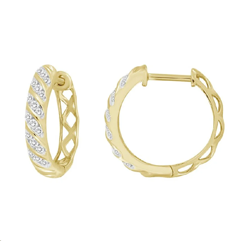 Women’s huggie earrings-LADIES HOOPS EARRINGS 0.25CT ROUND DIAMOND 10K YELLOW GOLD