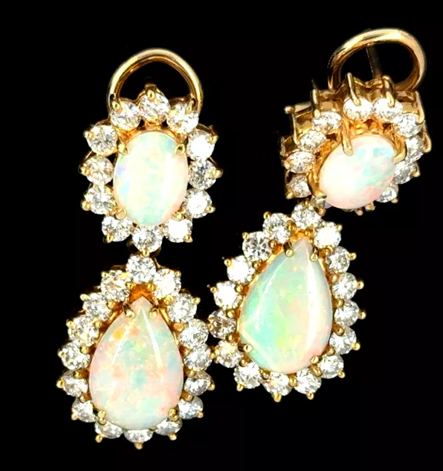 Women’s modern hoop earrings-Vintage Estate 14k Yellow Gold Opal Pear Shape Tear Drop Earrings Diamond Halo