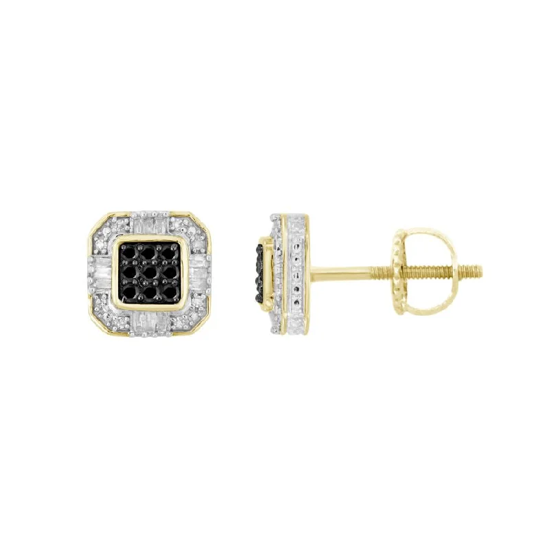 Women’s cubic zirconia stud earrings-LADIES EARRINGS 0.25CT ROUND/BLACK/BAGUETTE DIAMOND 10K YELLOW GOLD