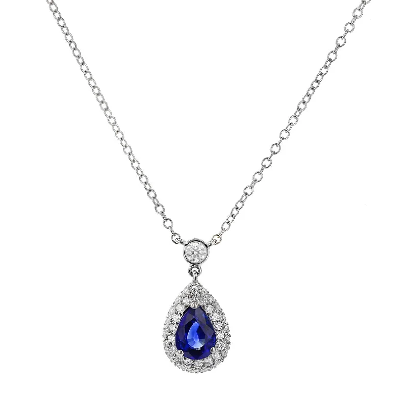 Women’s elegant necklaces-Platinum Blue Sapphire and Diamond Halo Pendant