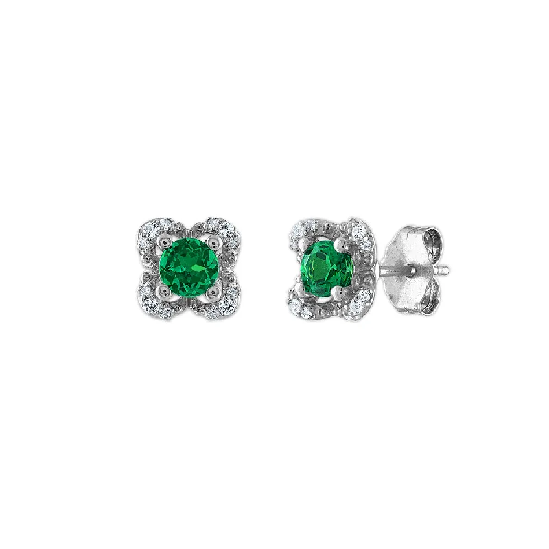 Women’s large dangle earrings-4MM Round Emerald and White Sapphire Birthstone Flower Halo Stud Earrings in Sterling Silver