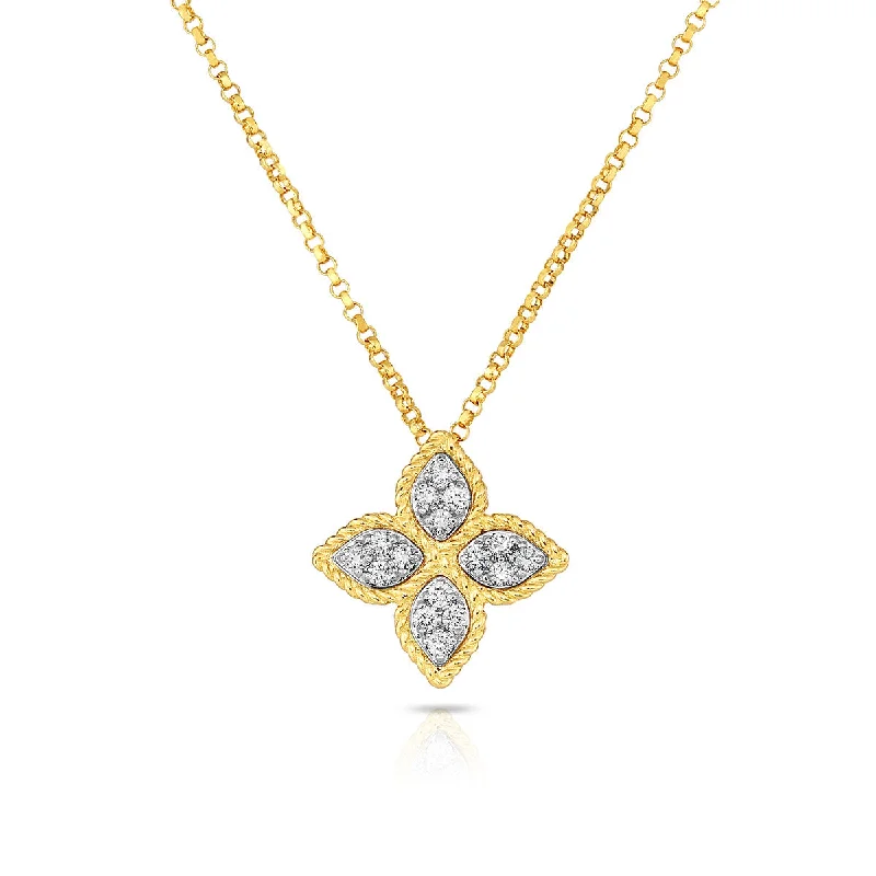 Women’s charm necklaces-Princess Flower Round Diamond Medium Pendant in 18K Yellow and White Gold, Adjustable Chain