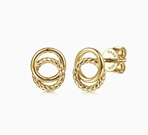 Women’s silver drop earrings-14K Yellow Gold Twisted Rope Double Circle Stud Earrings