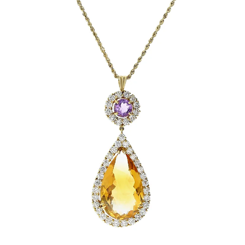 Women’s layered silver necklaces-Pear Shape Citrine, Amethyst and Diamond Pendant