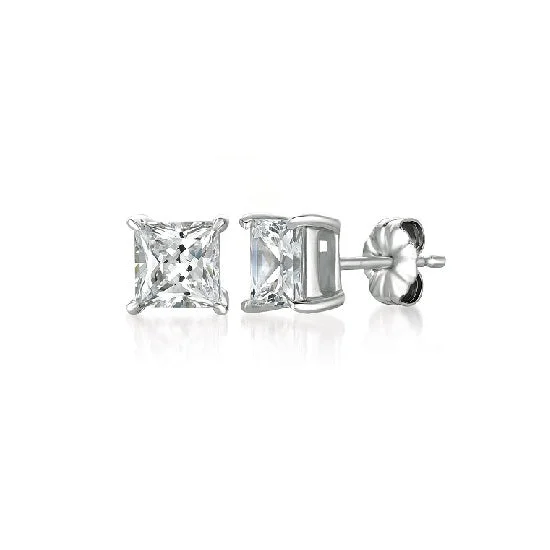 Women’s multi-layer earrings-Crislu Platinum Plated Sterling Silver Princess Cut Cubic Zirconia Solitaire Stud Earrings