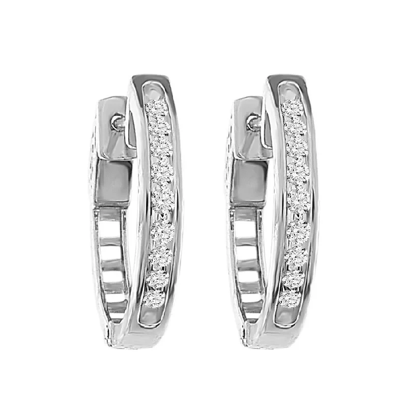 Women’s silver stud earrings-LADIES HOOP EARRINGS 0.25CT ROUND DIAMOND 14K WHITE GOLD