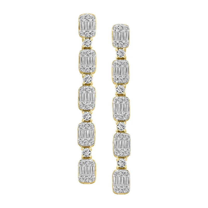 Women’s heart-shaped stud earrings-LADIES LINEAR EARRINGS 1.00CT ROUND/BAGUETTE DIAMOND 14K YELLOW GOLD