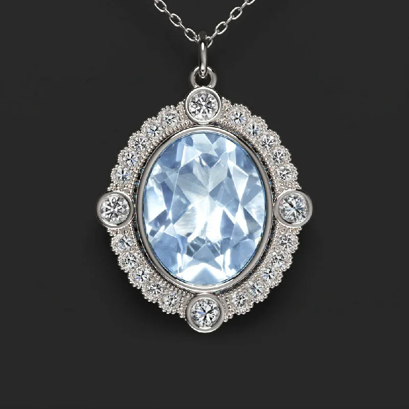 Women’s two-layered necklaces-AQUAMARINE DIAMOND PENDANT VINTAGE STYLE SCALLOPED HALO 14k WHITE GOLD BLUE OVAL