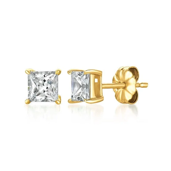 Women’s diamond stud earrings-Crislu 18KT Yellow Gold Plated Sterling Silver Princess Cut Cubic Zirconia Stud Earrings