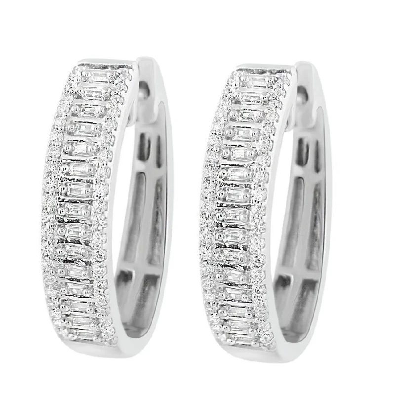 Women’s chunky hoop earrings-LADIES HOOP EARRINGS 0.50CT ROUND/BAGUETTE DIAMOND 10K WHITE GOLD