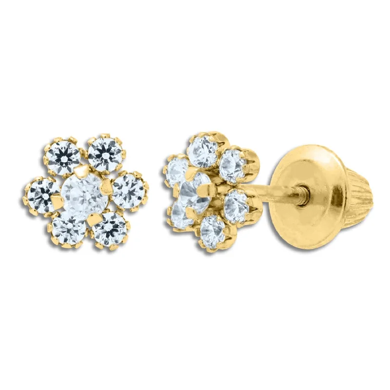 Women’s cubic zirconia earrings-Kiddie Kraft 14KT Yellow Gold Cubic Zirconia Childrens Flower Stud Earrings