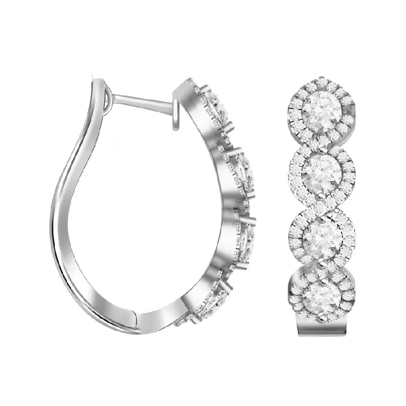 Women’s oval earrings-LADIES HOOP EARRINGS 1.50CT ROUND DIAMOND 14K WHITE GOLD