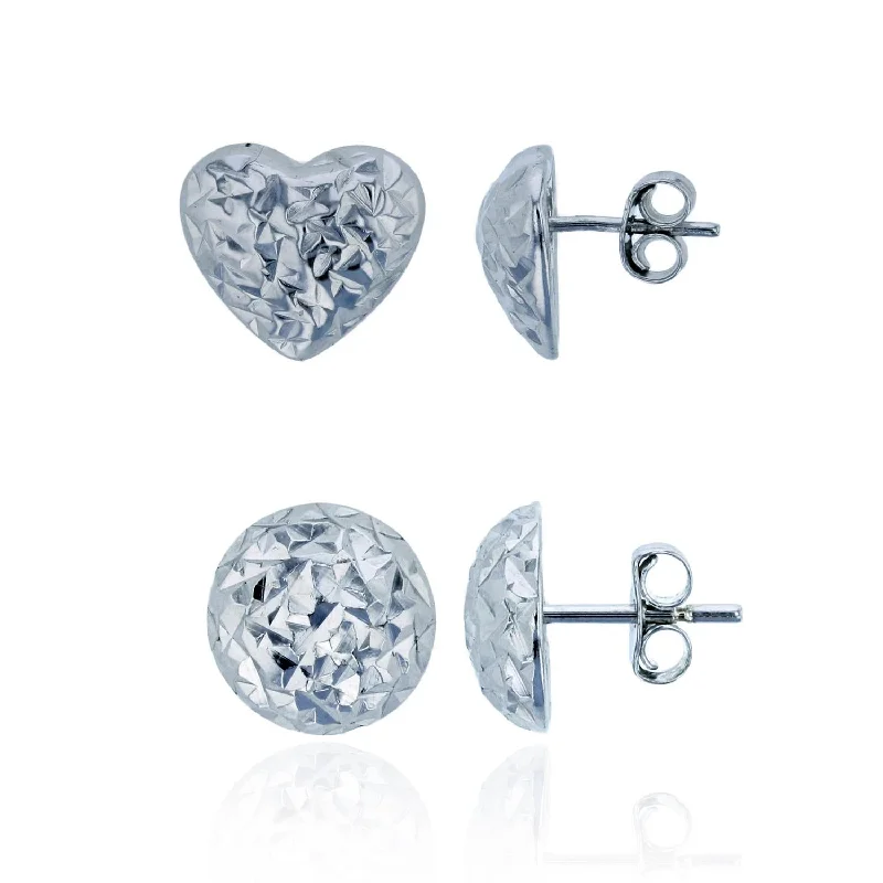 Women’s modern earrings-Sterling Silver 10MM Diamond-cut Heart Stud 2-Pair Set Earrings