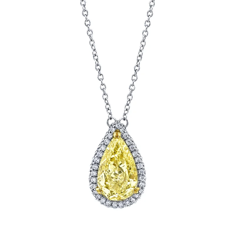 Women’s silver necklaces-Pear Shape Fancy Yellow Diamond with Halo Pendant